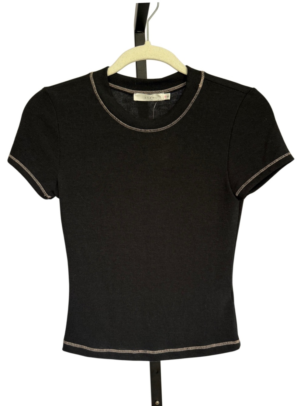 Lush Whimsigoth Basic Black Short Sleeve Crewneck Top Contrast Stitching Size XS